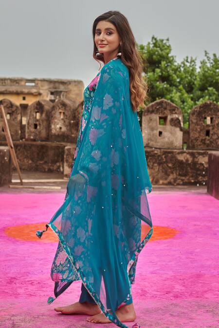 Shop Karaj Jaipur Green Chiffon, Cotton, Silk Beads, Floral Print Embroidered Kurta Pant Set Online at Aza Fashions Shop_Karaj Jaipur_Green Chiffon, Cotton, Silk Beads, Floral Print Embroidered Kurta Pant Set _Online_at_Aza_Fashions