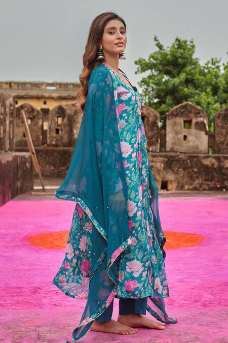 Karaj Jaipur Green Chiffon, Cotton, Silk Beads, Floral Print Embroidered Kurta Pant Set at Aza Fashions Karaj Jaipur_Green Chiffon, Cotton, Silk Beads, Floral Print Embroidered Kurta Pant Set _at_Aza_Fashions