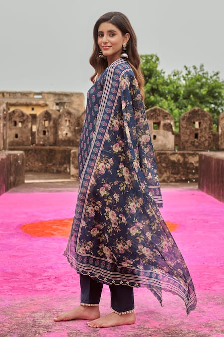 Karaj Jaipur_Blue Chanderi, Cotton Embroidery, Gota Patti Scoop Neck Kurta Pant Set_Online_at_Aza_Fashions