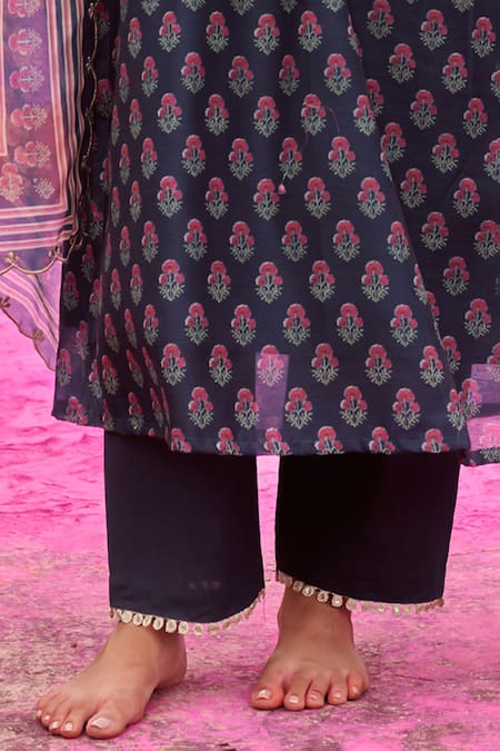 Shop_Karaj Jaipur_Blue Chanderi, Cotton Embroidery, Gota Patti Scoop Neck Kurta Pant Set_Online_at_Aza_Fashions