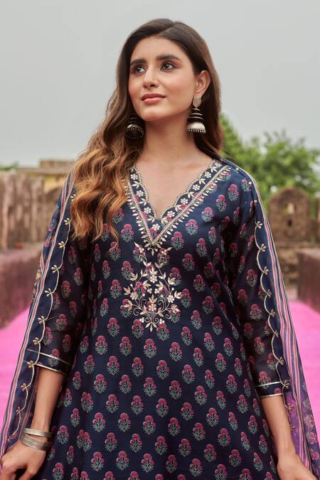 Karaj Jaipur_Blue Chanderi, Cotton Embroidery, Gota Patti Scoop Neck Kurta Pant Set_at_Aza_Fashions