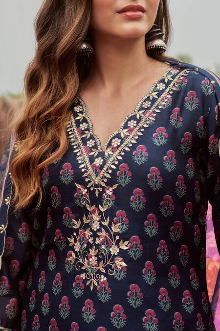 Buy_Karaj Jaipur_Blue Chanderi, Cotton Embroidery, Gota Patti Scoop Neck Kurta Pant Set