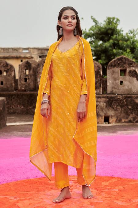 Shop Karaj Jaipur Yellow Crepe, Organza Mirrors, Beads Round Neck And Embroidered Kurta Pant Set Online at Aza Fashions Shop_Karaj Jaipur_Yellow Crepe, Organza Mirrors, Beads Round Neck And Embroidered Kurta Pant Set _Online_at_Aza_Fashions