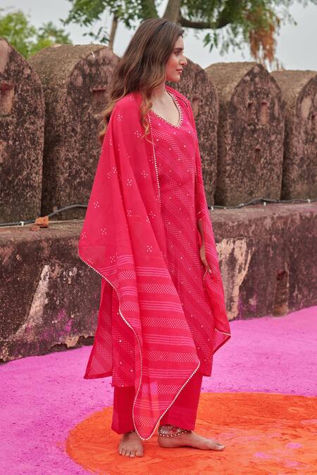 Karaj Jaipur Pink Crepe, Organza, Cotton, Silk Embroidery, Mirrors, Beads Kurta Pant Set at Aza Fashions Karaj Jaipur_Pink Crepe, Organza, Cotton, Silk Embroidery, Mirrors, Beads Kurta Pant Set _at_Aza_Fashions