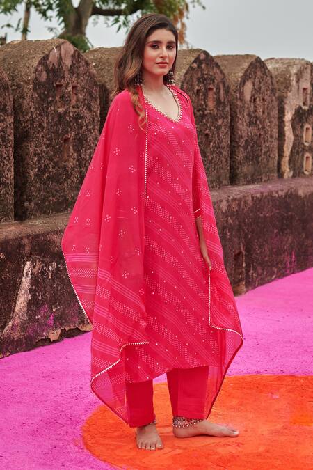 Buy Karaj Jaipur Pink Crepe, Organza, Cotton, Silk Embroidery, Mirrors, Beads Kurta Pant Set Buy_Karaj Jaipur_Pink Crepe, Organza, Cotton, Silk Embroidery, Mirrors, Beads Kurta Pant Set
