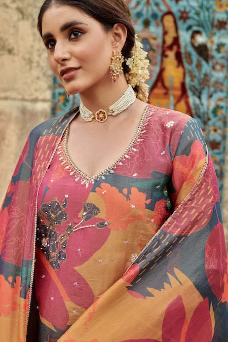 Buy Karaj Jaipur Multi Color Organza, Cotton, Silk Sequins, Beads Embroidered Kurta Pant Set Buy_Karaj Jaipur_Multi Color Organza, Cotton, Silk Sequins, Beads Embroidered Kurta Pant Set