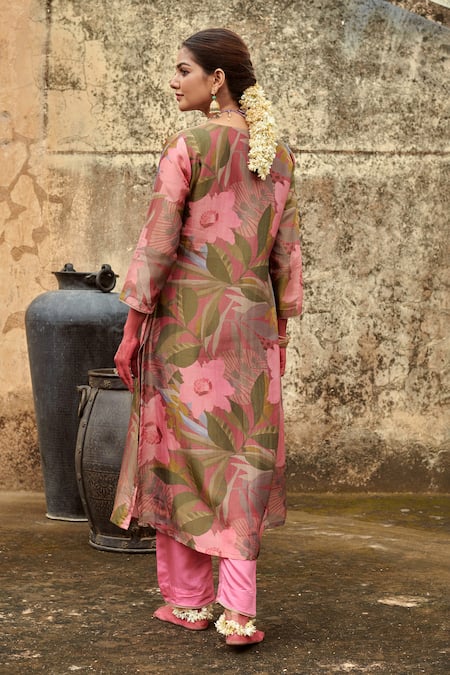 Karaj Jaipur_Multi Color Organza, Cotton, Silk Sequins, Straight Embroidered Kurta Pant Set _Online_at_Aza_Fashions