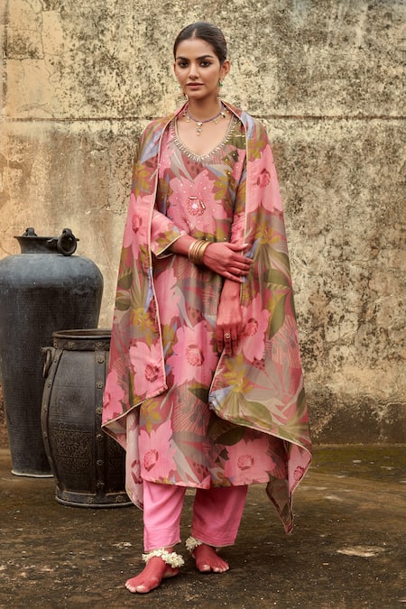 Buy_Karaj Jaipur_Multi Color Organza, Cotton, Silk Sequins, Straight Embroidered Kurta Pant Set _Online_at_Aza_Fashions