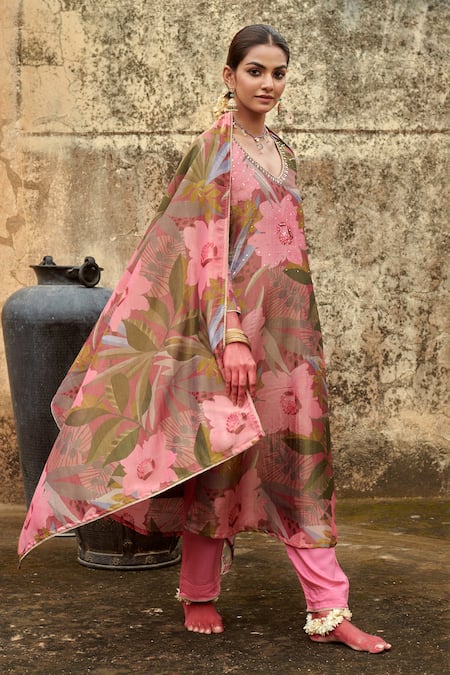 Shop_Karaj Jaipur_Multi Color Organza, Cotton, Silk Sequins, Straight Embroidered Kurta Pant Set _Online_at_Aza_Fashions