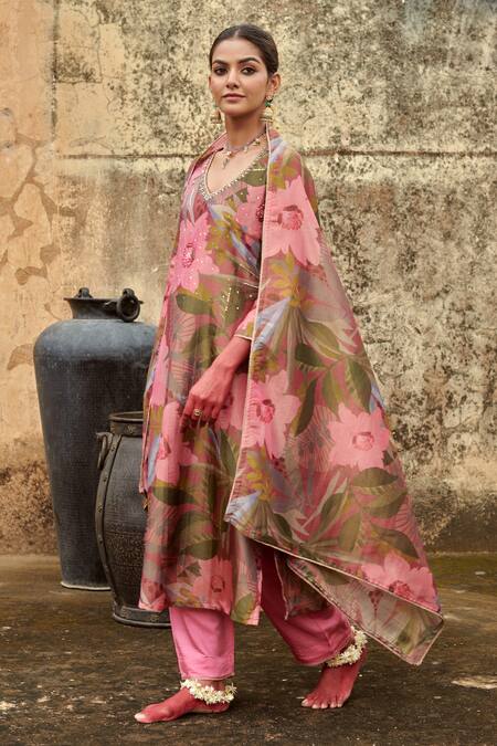 Karaj Jaipur_Multi Color Organza, Cotton, Silk Sequins, Straight Embroidered Kurta Pant Set _at_Aza_Fashions