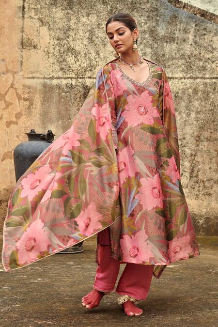 Buy_Karaj Jaipur_Multi Color Organza, Cotton, Silk Sequins, Straight Embroidered Kurta Pant Set 