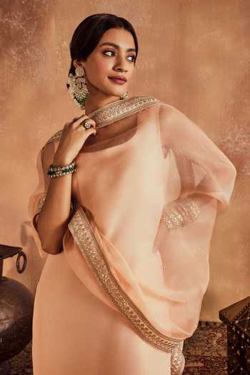 Shop Roze Peach Organza, Mukaish, Tissue Sequins, Lace, Tassels Embellished Kurta Set Online at Aza Fashions Shop_Roze_Peach Organza, Mukaish, Tissue Sequins, Lace, Tassels Embellished Kurta Set _Online_at_Aza_Fashions