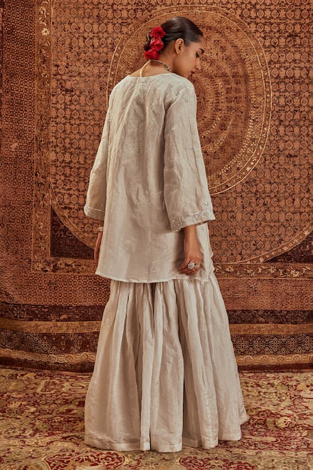 Shop Roze Silver , Tissue, Organza Embroidery, Nusrat Short Kurta And Gharara Set at Aza Fashions Shop_Roze_Silver , Tissue, Organza Embroidery, Nusrat Short Kurta And Gharara Set _at_Aza_Fashions