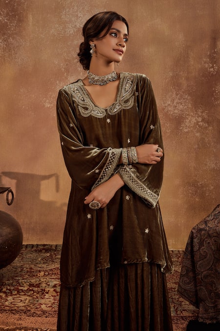 Buy Roze Green Microfiber Sequins, Embroidery Round Neck Razia Kurta And Sharara Set Online at Aza Fashions Buy_Roze_Green Microfiber Sequins, Embroidery Round Neck Razia Kurta And Sharara Set _Online_at_Aza_Fashions