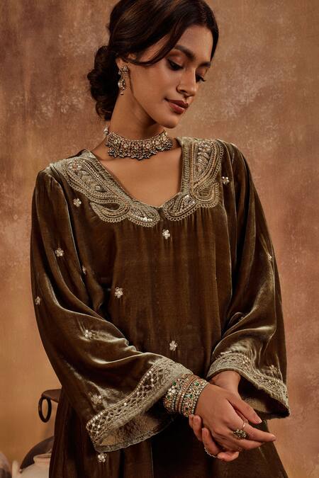 Shop Roze Green Microfiber Sequins, Embroidery Round Neck Razia Kurta And Sharara Set Online at Aza Fashions Shop_Roze_Green Microfiber Sequins, Embroidery Round Neck Razia Kurta And Sharara Set _Online_at_Aza_Fashions