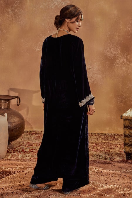 Shop Roze Blue Microfiber, Organza Embroidery, Sequins Round Neck Rubina Hand Kurta Set at Aza Fashions Shop_Roze_Blue Microfiber, Organza Embroidery, Sequins Round Neck Rubina Hand Kurta Set _at_Aza_Fashions