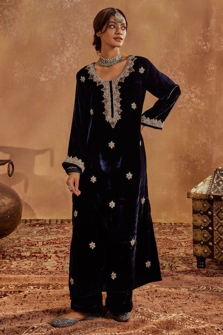 Buy Roze Blue Microfiber, Organza Embroidery, Sequins Round Neck Rubina Hand Kurta Set Online at Aza Fashions Buy_Roze_Blue Microfiber, Organza Embroidery, Sequins Round Neck Rubina Hand Kurta Set _Online_at_Aza_Fashions