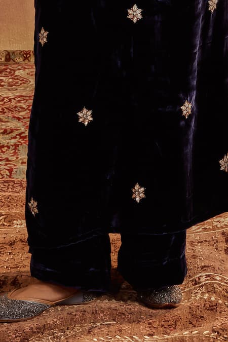 Shop Roze Blue Microfiber, Organza Embroidery, Sequins Round Neck Rubina Hand Kurta Set Online at Aza Fashions Shop_Roze_Blue Microfiber, Organza Embroidery, Sequins Round Neck Rubina Hand Kurta Set _Online_at_Aza_Fashions