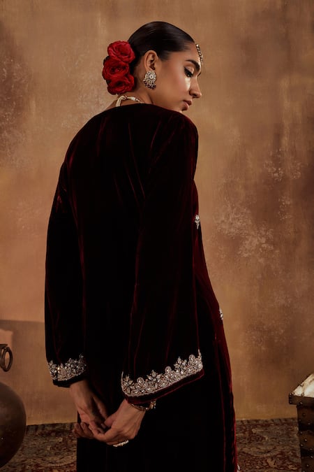 Shop Roze Maroon Microfiber, Organza Embroidery, Sequins, Rubina Floral Hand Kurta Set at Aza Fashions Shop_Roze_Maroon Microfiber, Organza Embroidery, Sequins, Rubina Floral Hand Kurta Set _at_Aza_Fashions