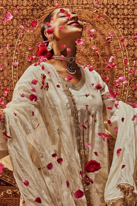 Roze White Chanderi Lace, Sequins, Embroidery V-neck Saba Anarkali Dhoti Pant Set at Aza Fashions Roze_White Chanderi Lace, Sequins, Embroidery V-neck Saba Anarkali Dhoti Pant Set _at_Aza_Fashions