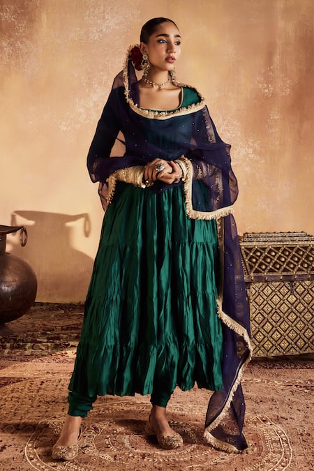 Roze Green Chanderi, Organza Lace, Mirrors Round Sahiba Pure Tiered Anarkali Set Online at Aza Fashions Roze_Green Chanderi, Organza Lace, Mirrors Round Sahiba Pure Tiered Anarkali Set _Online_at_Aza_Fashions