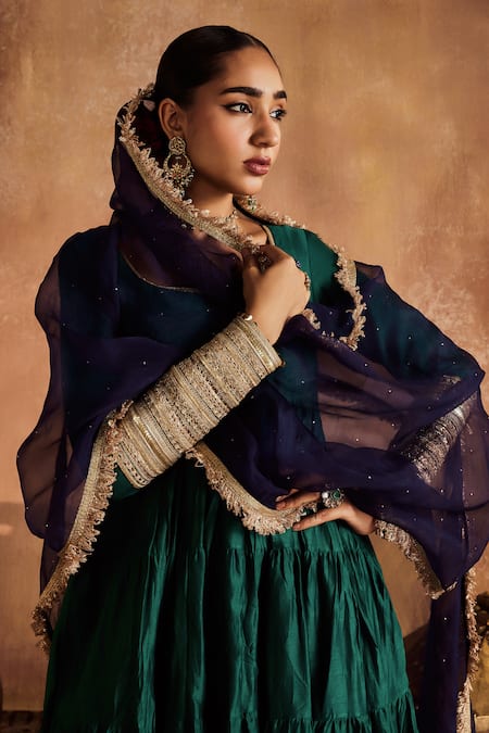 Buy Roze Green Chanderi, Organza Lace, Mirrors Round Sahiba Pure Tiered Anarkali Set Online at Aza Fashions Buy_Roze_Green Chanderi, Organza Lace, Mirrors Round Sahiba Pure Tiered Anarkali Set _Online_at_Aza_Fashions