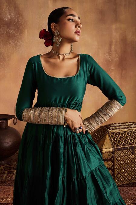 Shop Roze Green Chanderi, Organza Lace, Mirrors Round Sahiba Pure Tiered Anarkali Set Online at Aza Fashions Shop_Roze_Green Chanderi, Organza Lace, Mirrors Round Sahiba Pure Tiered Anarkali Set _Online_at_Aza_Fashions