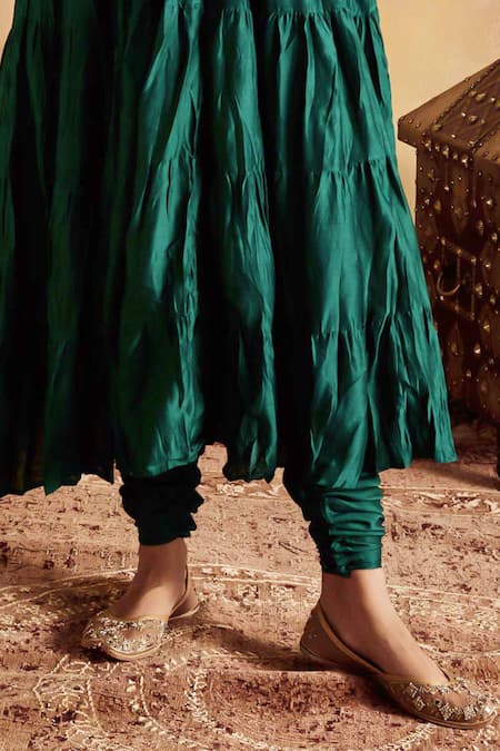 Buy Roze Green Chanderi, Organza Lace, Mirrors Round Sahiba Pure Tiered Anarkali Set Buy_Roze_Green Chanderi, Organza Lace, Mirrors Round Sahiba Pure Tiered Anarkali Set