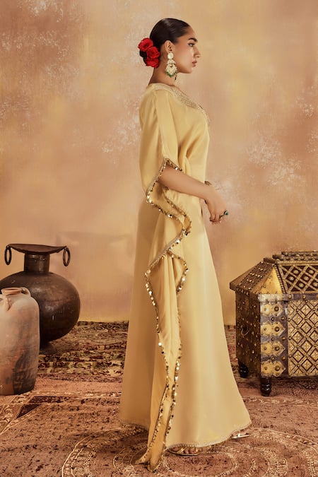 Shop_Roze_Gold Tissue Lace, Sequins V-neck Suhana Border Kaftan _at_Aza_Fashions