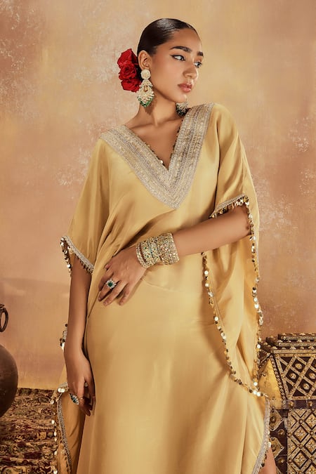 Buy_Roze_Gold Tissue Lace, Sequins V-neck Suhana Border Kaftan _Online_at_Aza_Fashions