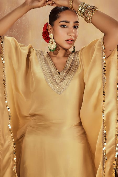Shop_Roze_Gold Tissue Lace, Sequins V-neck Suhana Border Kaftan _Online_at_Aza_Fashions