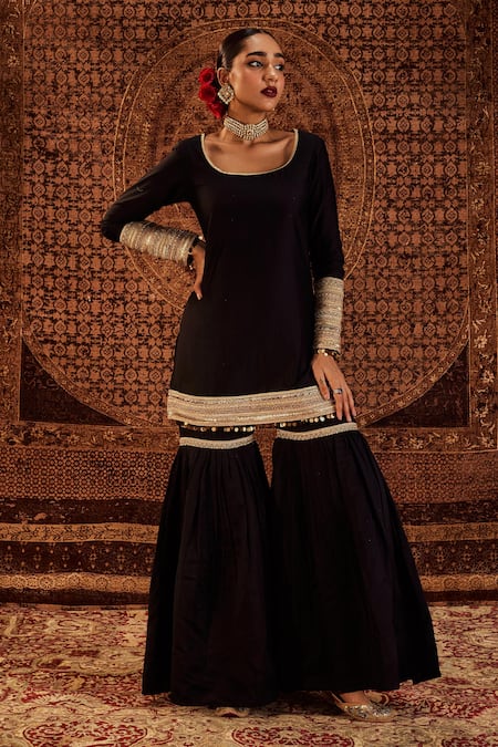 Roze Black Chanderi, Organza Lace, Sequins Round Neck Sultana Pure Kurta Sharara Set Online at Aza Fashions Roze_Black Chanderi, Organza Lace, Sequins Round Neck Sultana Pure Kurta Sharara Set _Online_at_Aza_Fashions