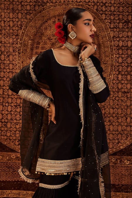 Buy Roze Black Chanderi, Organza Lace, Sequins Round Neck Sultana Pure Kurta Sharara Set Online at Aza Fashions Buy_Roze_Black Chanderi, Organza Lace, Sequins Round Neck Sultana Pure Kurta Sharara Set _Online_at_Aza_Fashions