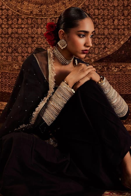 Shop Roze Black Chanderi, Organza Lace, Sequins Round Neck Sultana Pure Kurta Sharara Set Online at Aza Fashions Shop_Roze_Black Chanderi, Organza Lace, Sequins Round Neck Sultana Pure Kurta Sharara Set _Online_at_Aza_Fashions