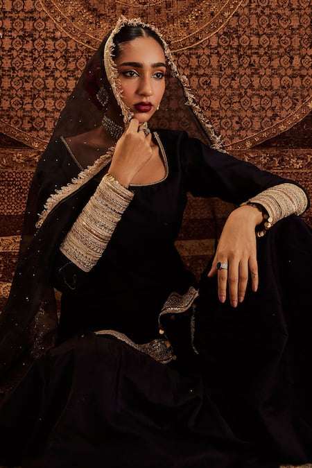 Roze Black Chanderi, Organza Lace, Sequins Round Neck Sultana Pure Kurta Sharara Set at Aza Fashions Roze_Black Chanderi, Organza Lace, Sequins Round Neck Sultana Pure Kurta Sharara Set _at_Aza_Fashions