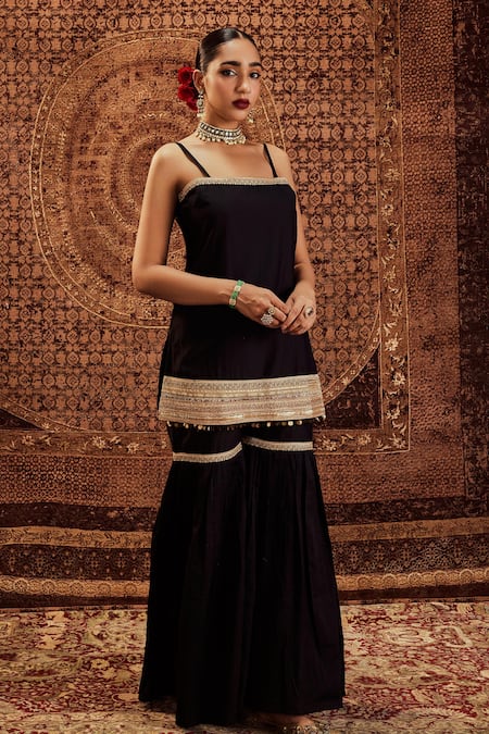 Roze Black Chanderi, Organza Lace, Sequins Sultana Pure Strappy Kurta Sharara Set Online at Aza Fashions Roze_Black Chanderi, Organza Lace, Sequins Sultana Pure Strappy Kurta Sharara Set _Online_at_Aza_Fashions