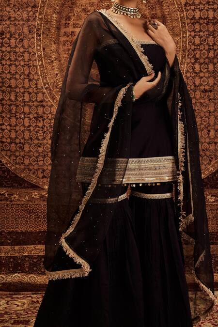 Shop Roze Black Chanderi, Organza Lace, Sequins Sultana Pure Strappy Kurta Sharara Set Online at Aza Fashions Shop_Roze_Black Chanderi, Organza Lace, Sequins Sultana Pure Strappy Kurta Sharara Set _Online_at_Aza_Fashions