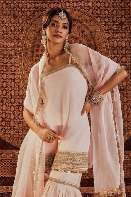 Shop Roze Pink Chanderi, Organza Lace, Sultana Border Embellished Kurta Sharara Set at Aza Fashions Shop_Roze_Pink Chanderi, Organza Lace, Sultana Border Embellished Kurta Sharara Set _at_Aza_Fashions