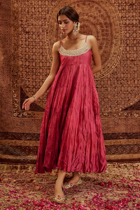 Shop Roze Pink Chanderi, Organza Lace Scoop Neck Tara Pure Tiered Anarkali Set at Aza Fashions Shop_Roze_Pink Chanderi, Organza Lace Scoop Neck Tara Pure Tiered Anarkali Set _at_Aza_Fashions