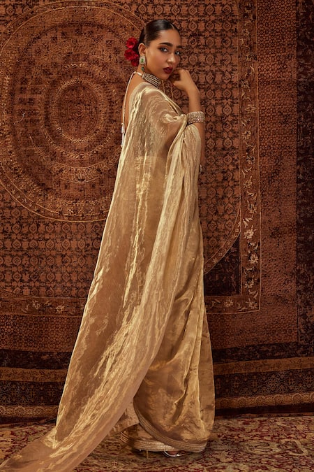 Shop_Roze_Gold Organza, Velvet Zaina Embellished Saree With Unstitched Blouse Piece _at_Aza_Fashions
