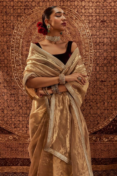 Buy_Roze_Gold Organza, Velvet Zaina Embellished Saree With Unstitched Blouse Piece _Online_at_Aza_Fashions