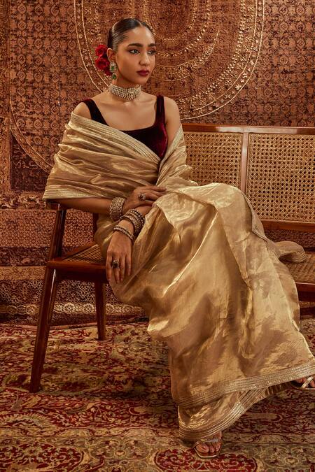 Shop_Roze_Gold Organza, Velvet Zaina Embellished Saree With Unstitched Blouse Piece _Online_at_Aza_Fashions