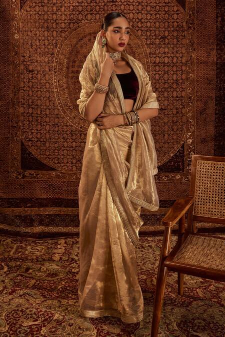 Roze_Gold Organza, Velvet Zaina Embellished Saree With Unstitched Blouse Piece _at_Aza_Fashions