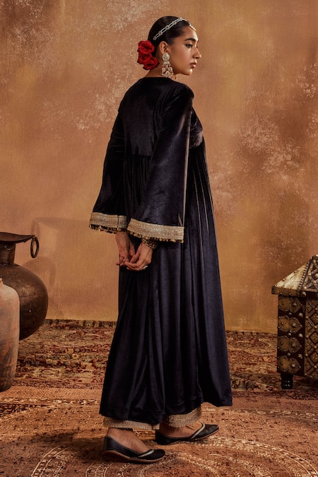 Shop Roze Black Lycra, Velvet, Organza Lace, Alina Braid Embellished Anarkali Pant Set at Aza Fashions Shop_Roze_Black Lycra, Velvet, Organza Lace, Alina Braid Embellished Anarkali Pant Set _at_Aza_Fashions