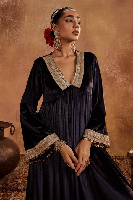 Shop Roze Black Lycra, Velvet, Organza Lace, Alina Braid Embellished Anarkali Pant Set Online at Aza Fashions Shop_Roze_Black Lycra, Velvet, Organza Lace, Alina Braid Embellished Anarkali Pant Set _Online_at_Aza_Fashions