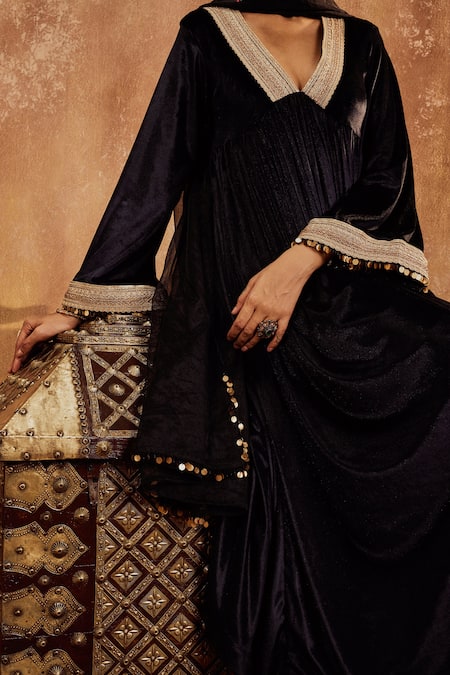 Roze Black Lycra, Velvet, Organza Lace, Alina Braid Embellished Anarkali Pant Set at Aza Fashions Roze_Black Lycra, Velvet, Organza Lace, Alina Braid Embellished Anarkali Pant Set _at_Aza_Fashions