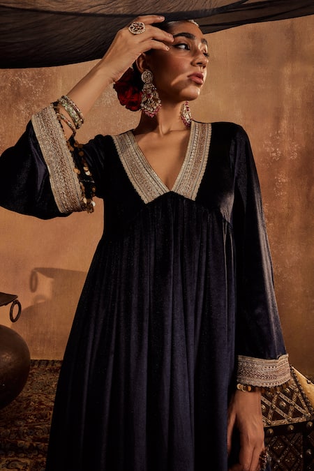 Shop Roze Black Lycra, Velvet, Organza Lace, Alina Braid Embellished Anarkali Pant Set Shop_Roze_Black Lycra, Velvet, Organza Lace, Alina Braid Embellished Anarkali Pant Set