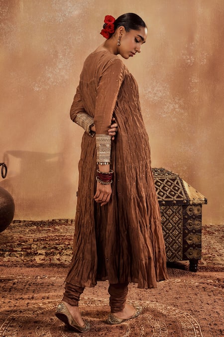 Shop Roze Brown Muslin, Chanderi Tassels Round Neck Anam Mukaish Embellished Anarkali Set at Aza Fashions Shop_Roze_Brown Muslin, Chanderi Tassels Round Neck Anam Mukaish Embellished Anarkali Set _at_Aza_Fashions