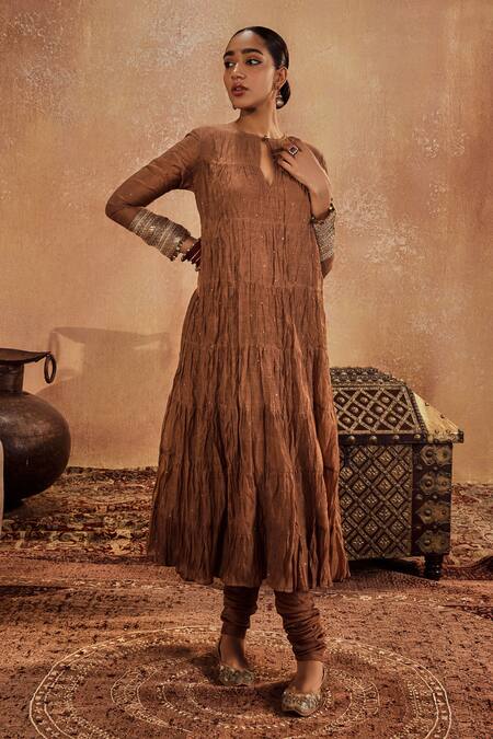 Buy Roze Brown Muslin, Chanderi Tassels Round Neck Anam Mukaish Embellished Anarkali Set Online at Aza Fashions Buy_Roze_Brown Muslin, Chanderi Tassels Round Neck Anam Mukaish Embellished Anarkali Set _Online_at_Aza_Fashions