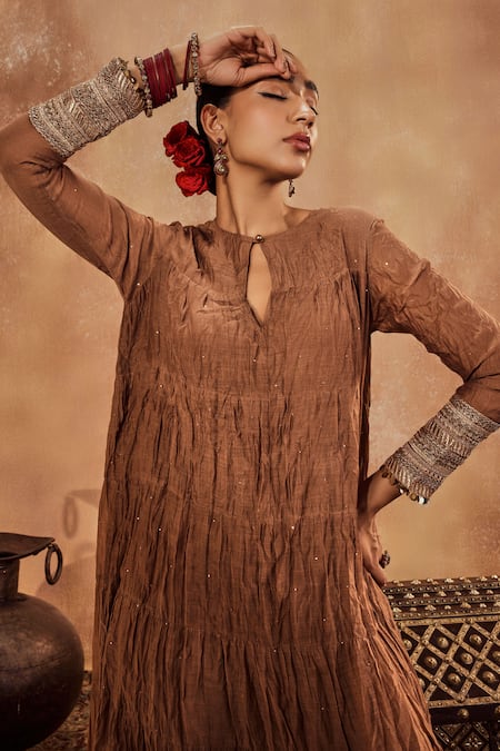 Shop Roze Brown Muslin, Chanderi Tassels Round Neck Anam Mukaish Embellished Anarkali Set Online at Aza Fashions Shop_Roze_Brown Muslin, Chanderi Tassels Round Neck Anam Mukaish Embellished Anarkali Set _Online_at_Aza_Fashions